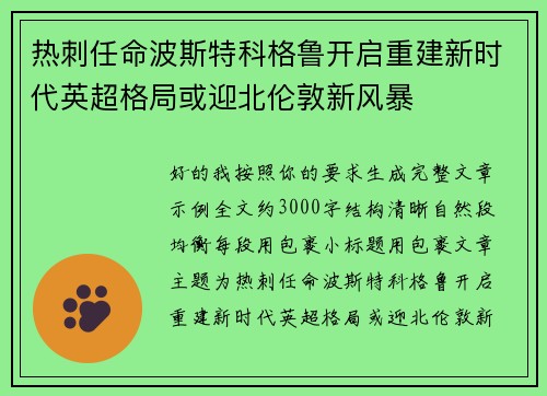 热刺任命波斯特科格鲁开启重建新时代英超格局或迎北伦敦新风暴